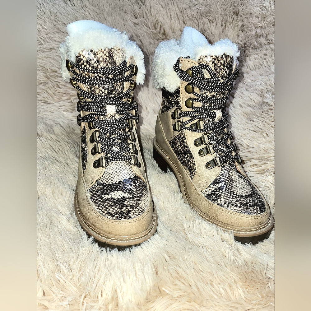 Stylish tan and snakeskin print lace up boots